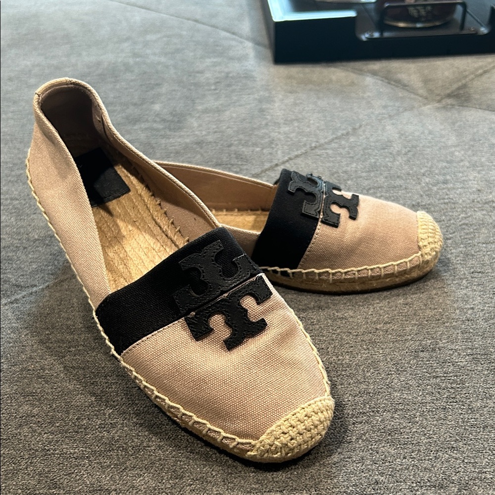 Tory Burch Beige Canvas Espadrille Flats with Black Logo Band